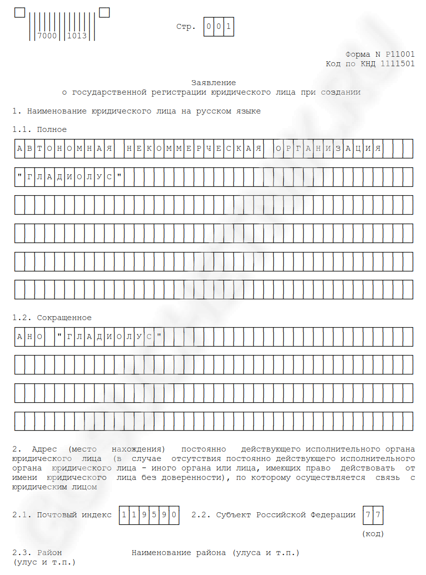 Заявление на регистрацию нко в минюсте образец р11001