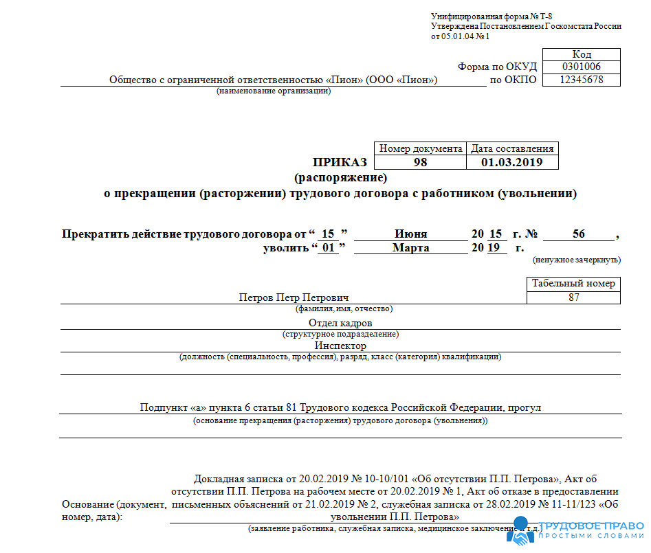 Образец записи на приказе об увольнении о невозможности ознакомить с приказом