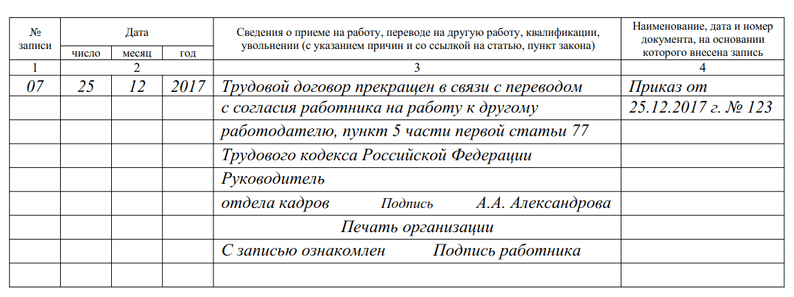 Образец об увольнении переводом в другую организацию образец