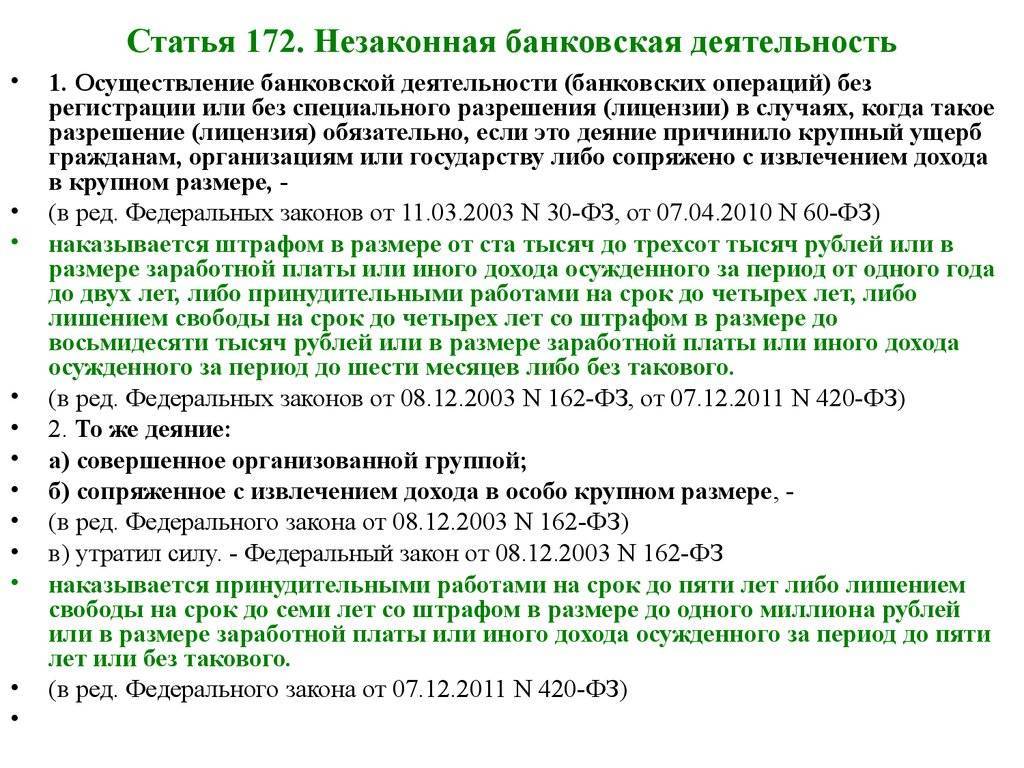 Незаконная банковская деятельность ст. 172 ук рф
