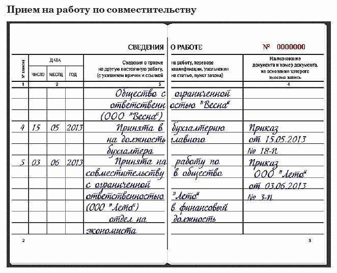 Запись в трудовой книжке о работе по внешнему совместительству образец