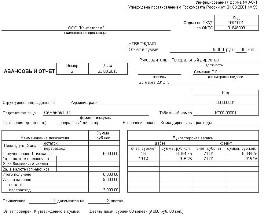 Как заполнить авансовый отчет образец