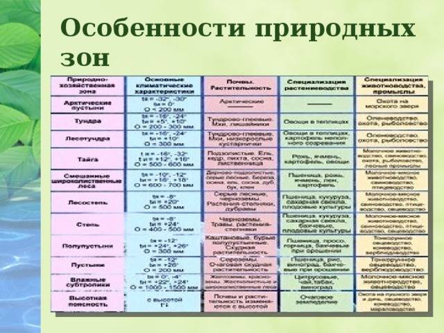 Таблица “природные зоны россии” (8 класс) по географии – характеристика, животные