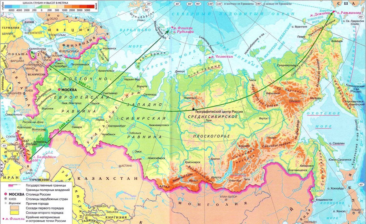 карта россии горы и равнины