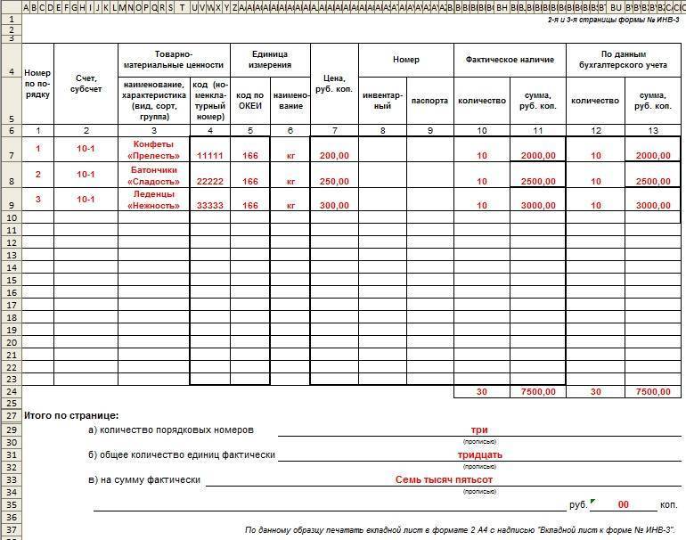 Инвентарная ведомость образец excel