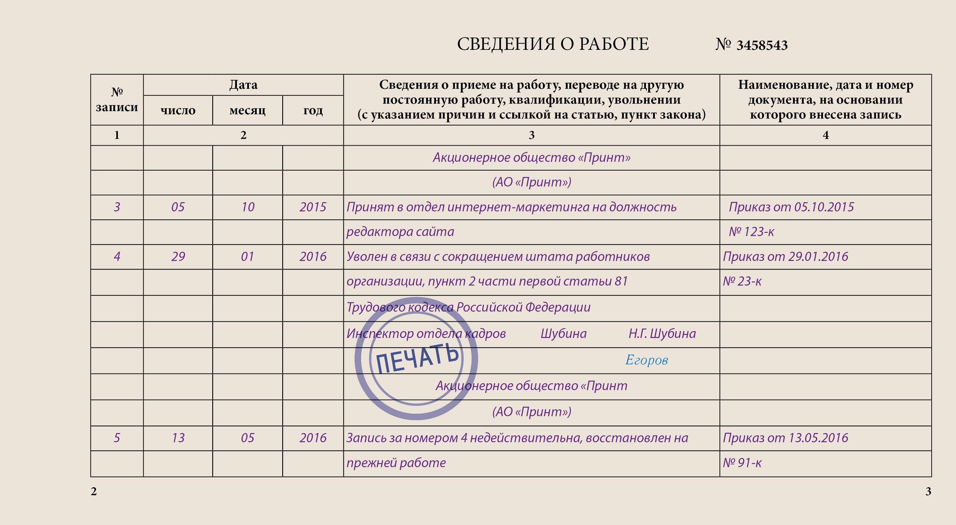 Образец заполнения трудовой книжки при увольнении после отпуска