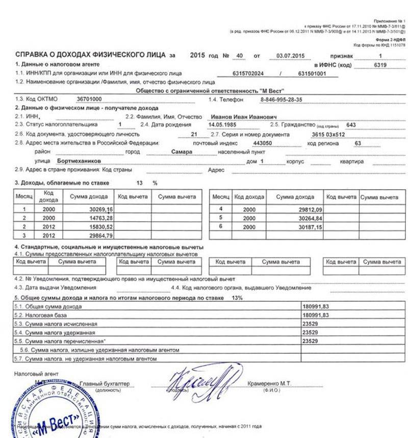 Образец 2 ндфл за последние 6 месяцев образец