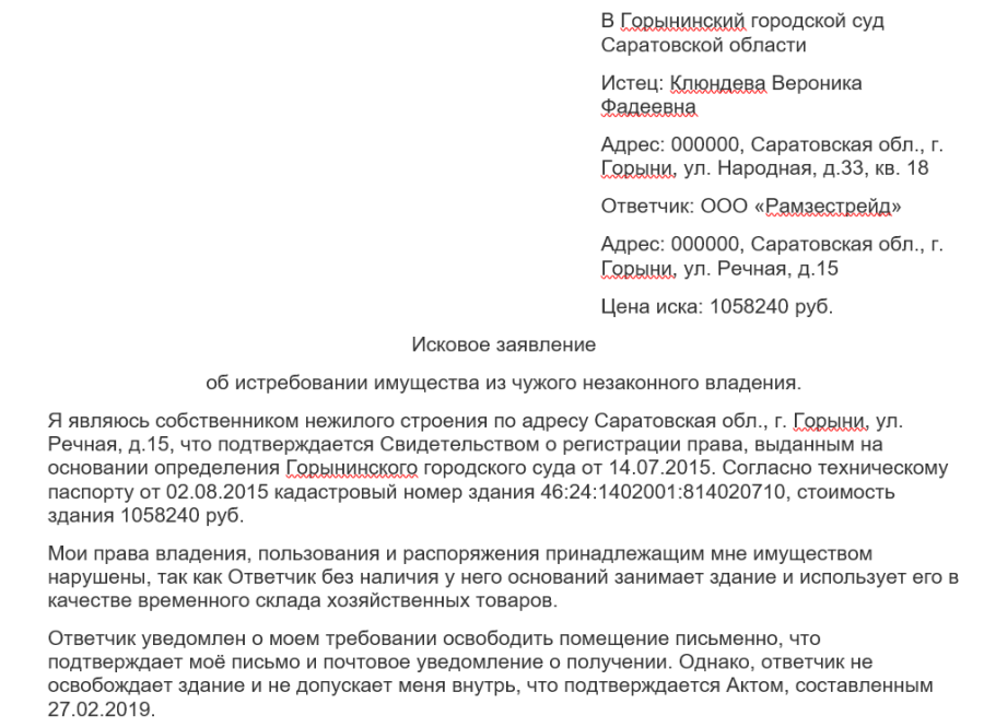 Проект виндикационного иска