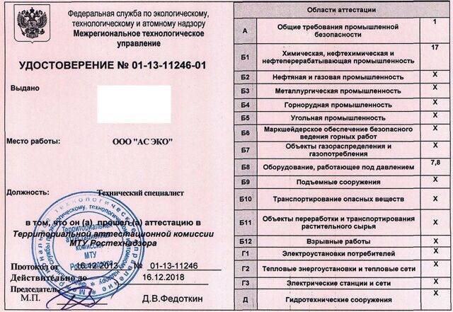Таблица соответствия областей аттестации ростехнадзора