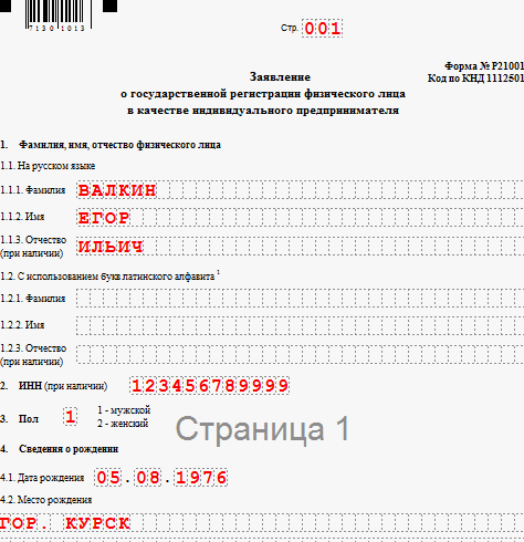 Образец заполнения 21001 при регистрации ип