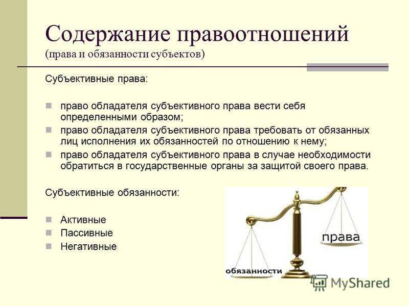 Содержание правоотношений. субъективные права и юридические обязанности
