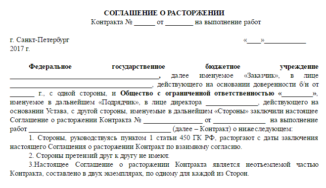 Соглашение о расторжении трудового договора с генеральным директором образец