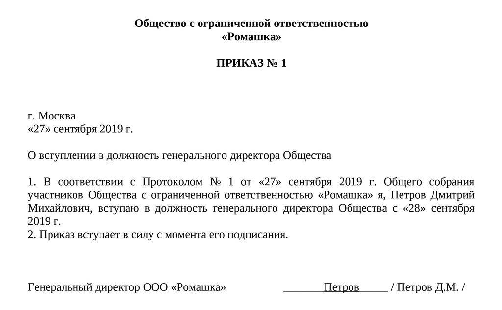 Образец приказ о назначении директора ооо единственного учредителя