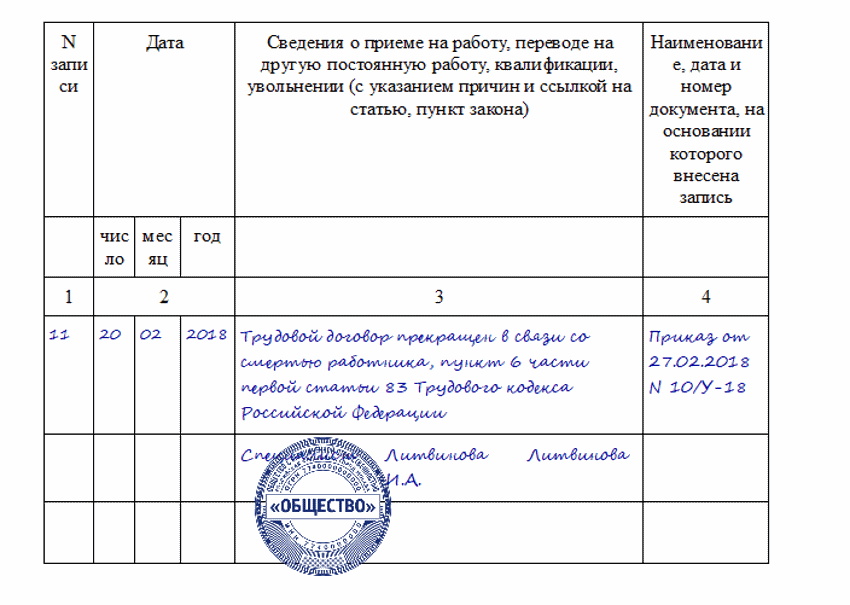 Как уволить сотрудника 2024. Запись в трудовой книжке об увольнении при смерти работника. Запись в трудовую книжку об увольнении по смерти работника. Запись в трудовой книжке об увольнении в связи со смертью. Запись в трудовой книжке об увольнении смерть работника.