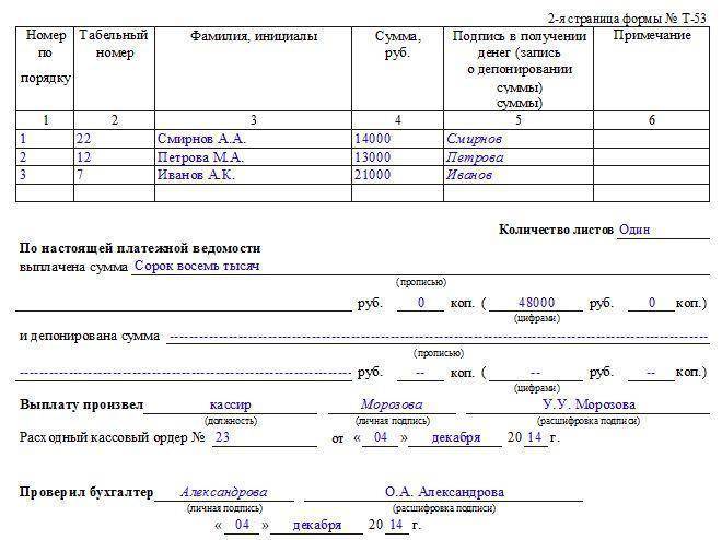 Образец платежной ведомости на выдачу заработной платы через кассу