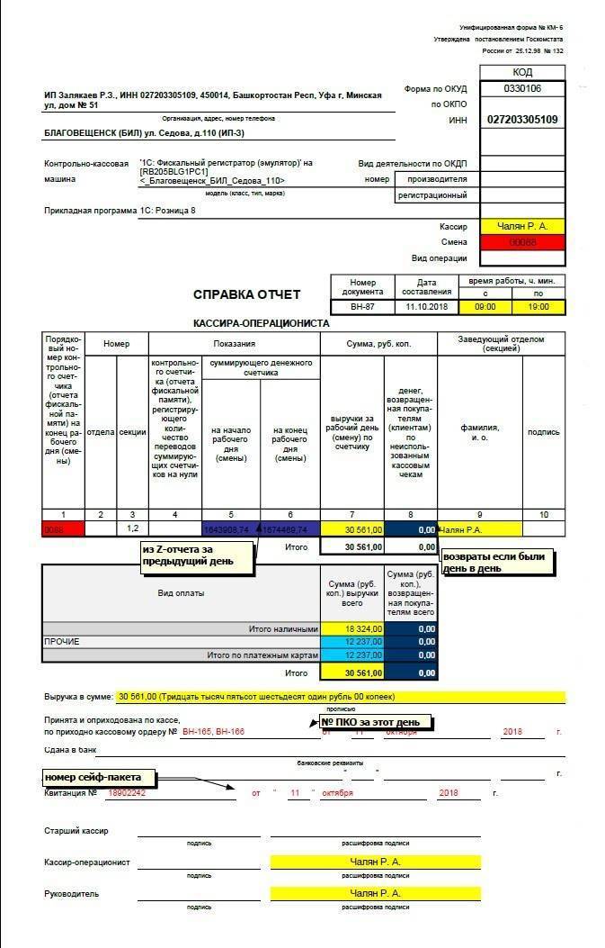 Справка-отчет кассира-операциониста. унифицированная форма № км-6 (образец заполнения): бланк, образец 2020
