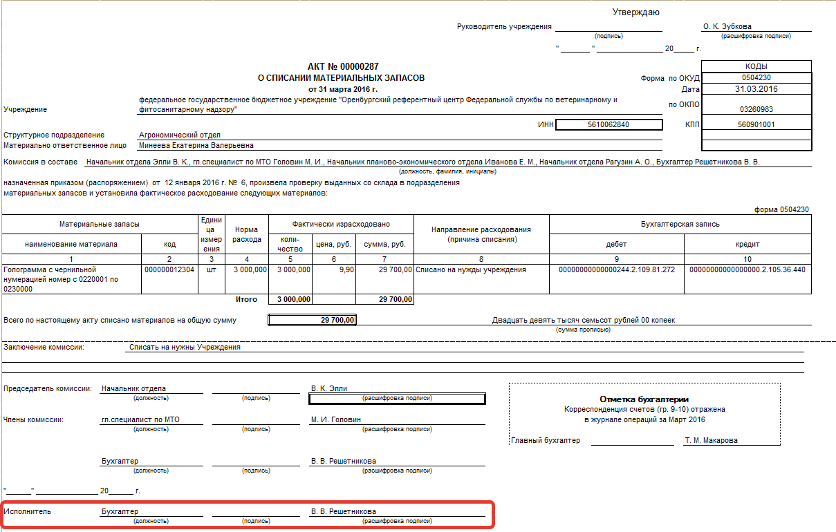 Образец заполнения акта о списании материальных запасов