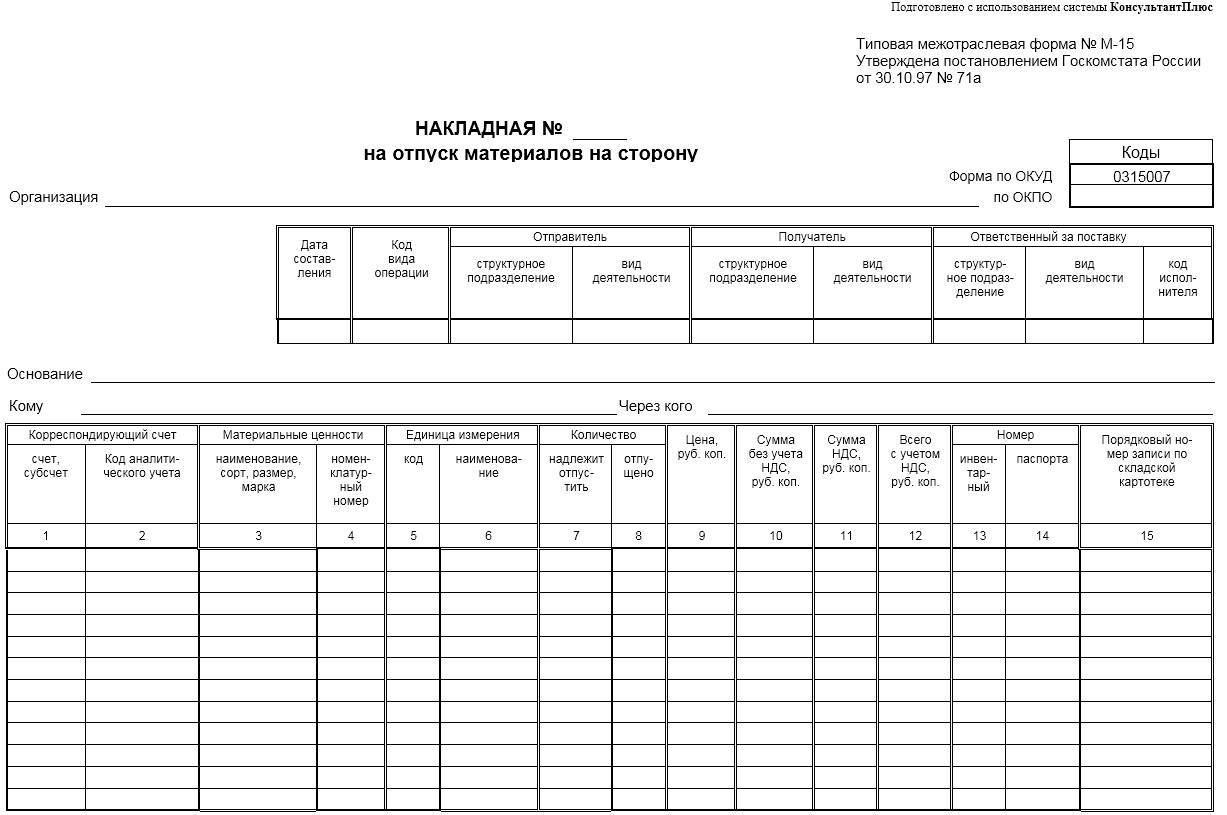 Накладной на отпуск материалов на сторону форма м-15