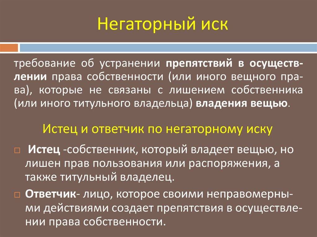 Иска м. Негаторный иск. Негаторный иск понятие. Защита прав собственности виндикационный и негаторный иски. Негаторный иск это требование.